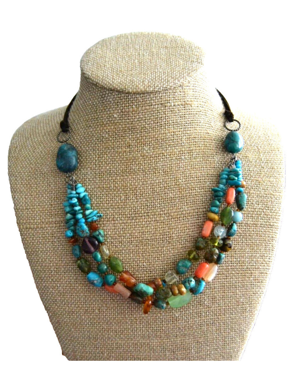 Peyote Bird Turquoise Carnelian Sterling Silver Triple Strand Necklace